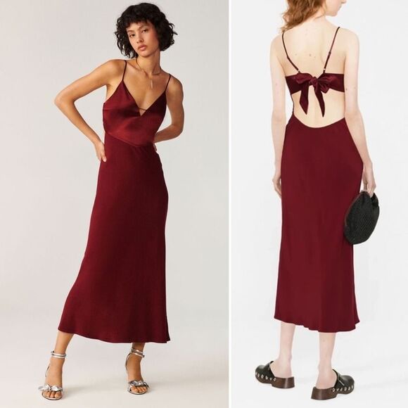 NWT Ba&sh Ninon Midi Slip Dress Red Satin V Neck Bow Open Back Size Medium - Picture 1 of 16